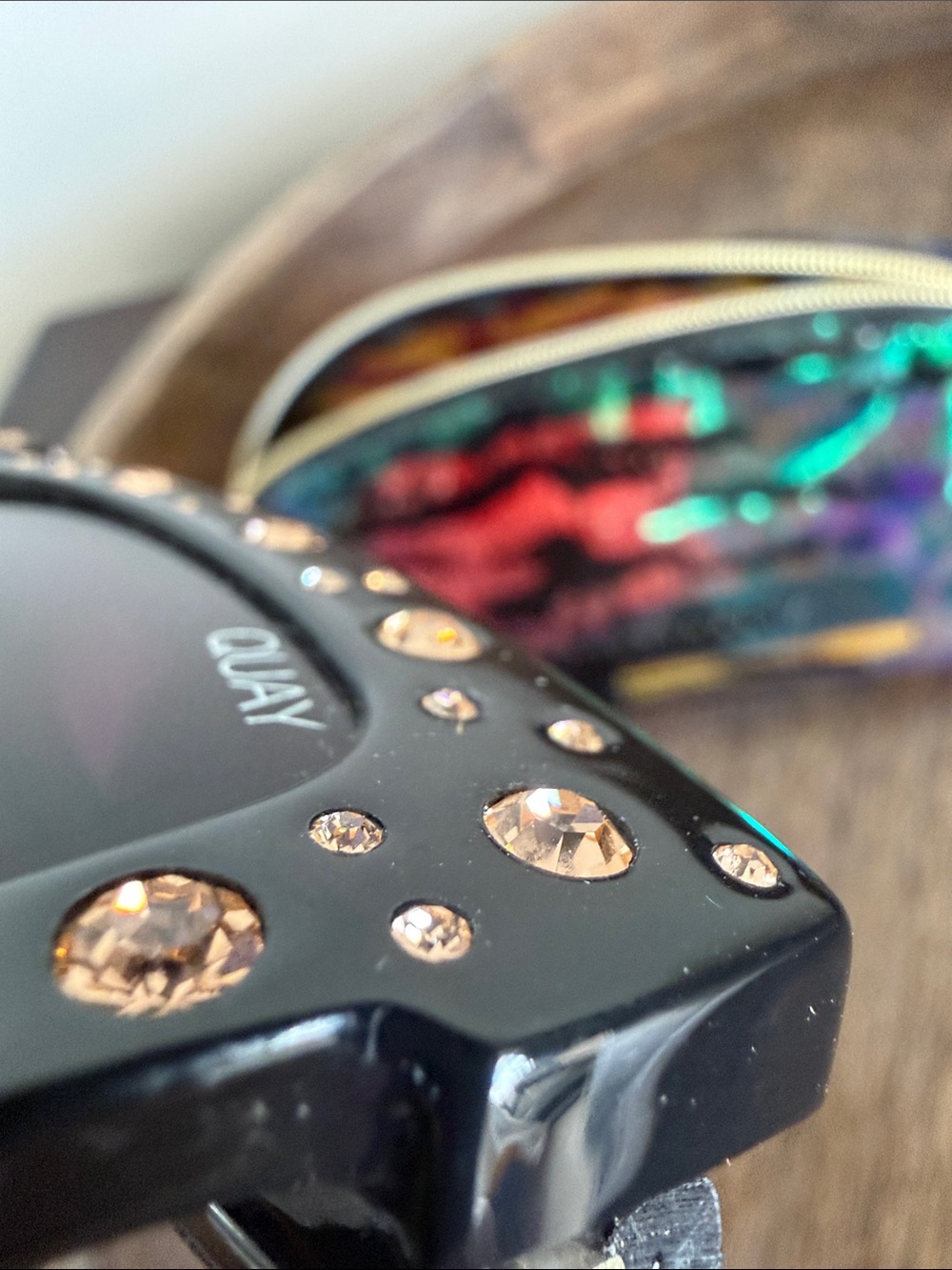Quay Australia Black Crystal-Stud Square Sunglasses with Iridescent Pouch - Picture 8 of 13